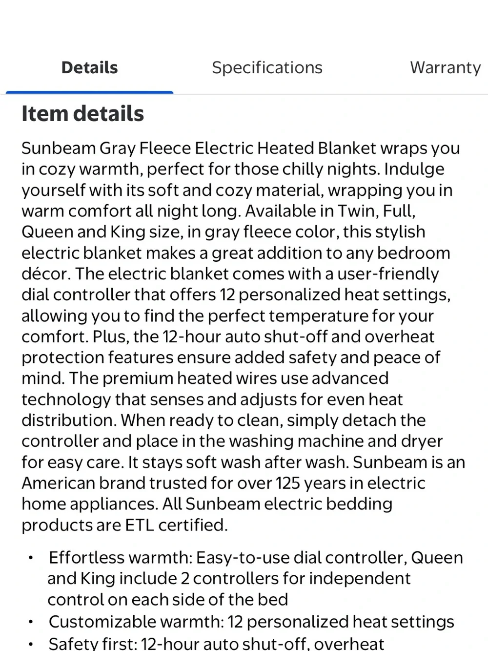 Sunbeam Fleece Heated Blanket Electric Blanket Gray Twin